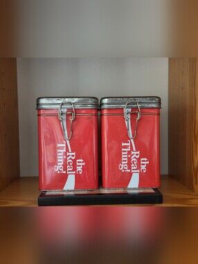Vintage Coca-Cola Metal Storage Tins Set of 2 Red Latch Lid Canisters Coke